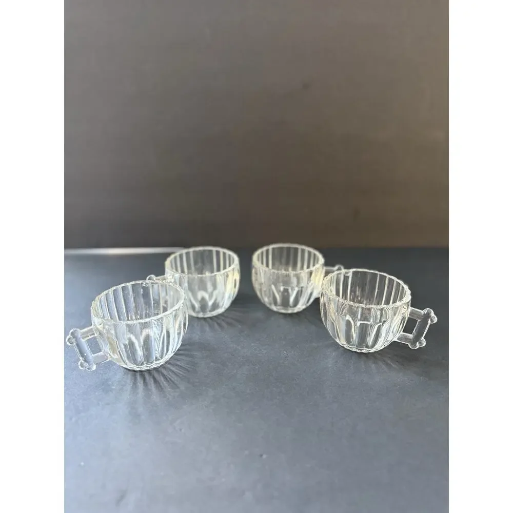Vtg Jeannette National Tea Coffee Punch Cups Ribbed Clear Log Cabin MCM Set (4)